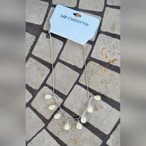 NWT Liz Claiborne LC  Silver Tone Teardrop Necklace chain beige plastic oval